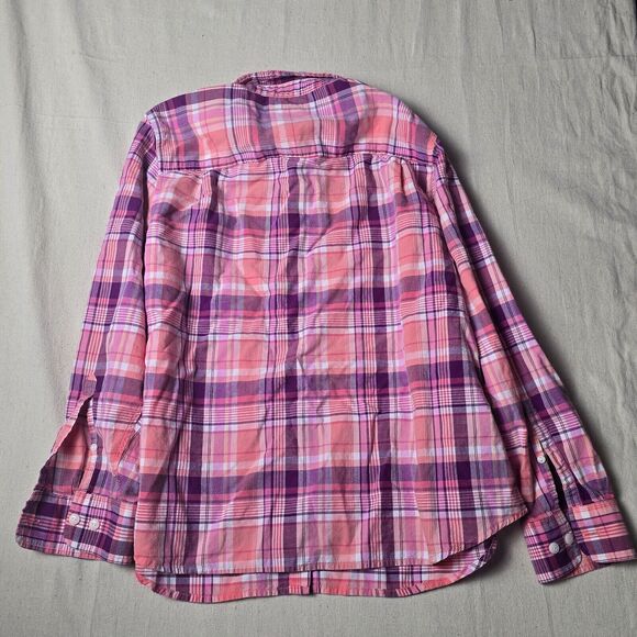 LL Bean Girls Cotton LS Button Up Pink White Navy Plaid Blouse Size L Pet - Picture 2 of 7